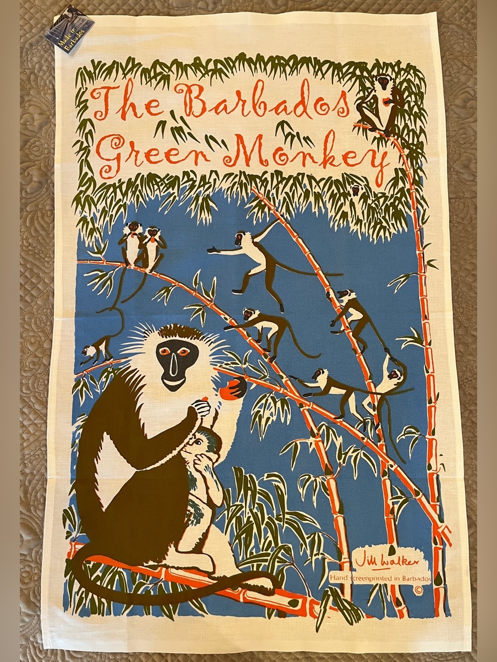 Barbados Green Monkey Jim Walker Linen Tea Towel